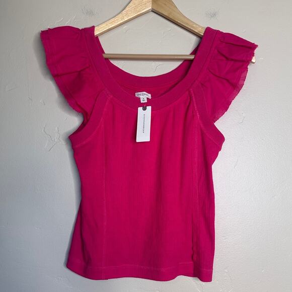 NWT PILCRO Anthropologie Pink Ruffle Cap Sleeve Ribbed Tee size Medium - Picture 1 of 5